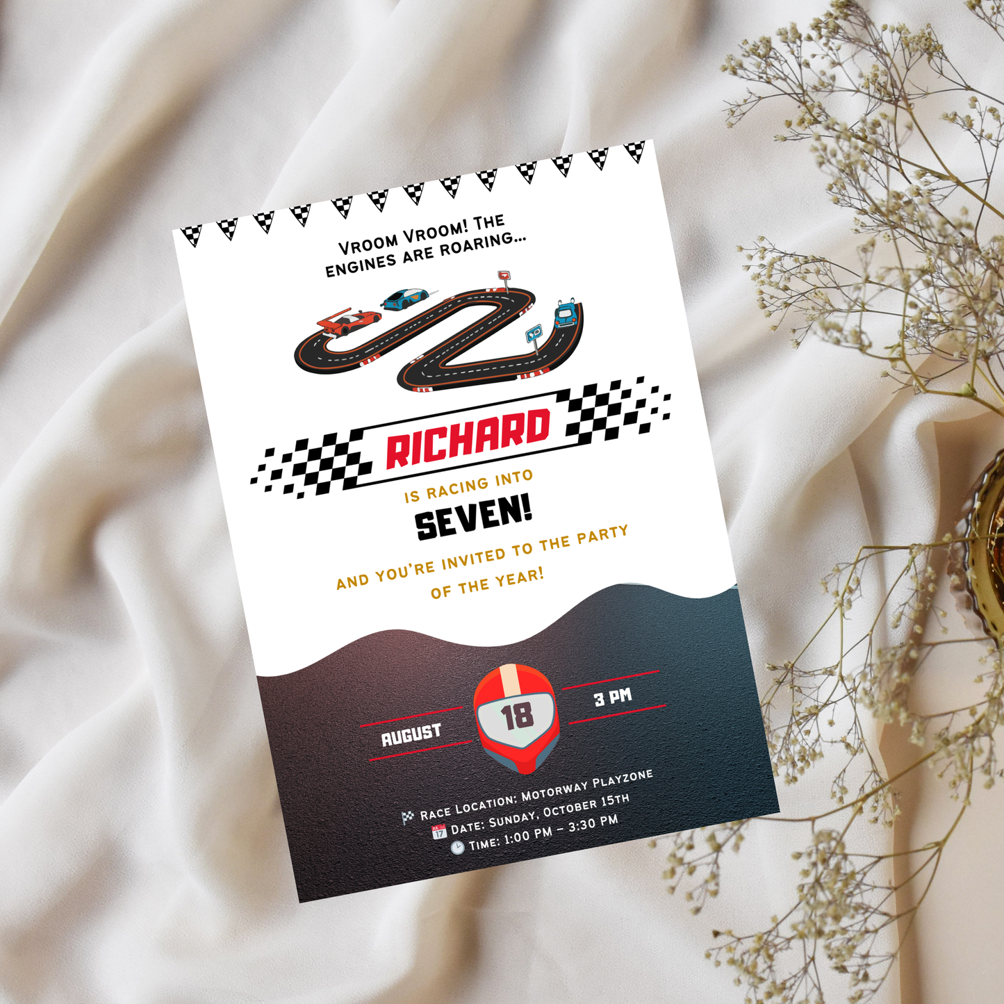 Race Car Birthday Invitation | Editable Kids Racing Party Canva Design