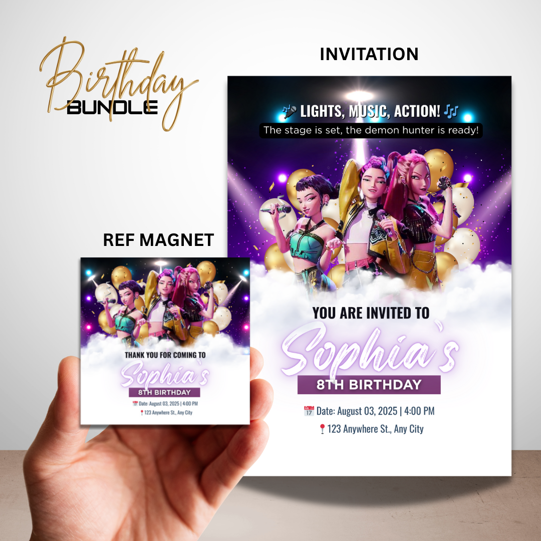 Kpop Demon Hunter–Inspired Dark Fantasy Birthday Invitation & Magnet Bundle