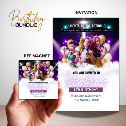 Kpop Demon Hunter–Inspired Dark Fantasy Birthday Invitation & Magnet Bundle