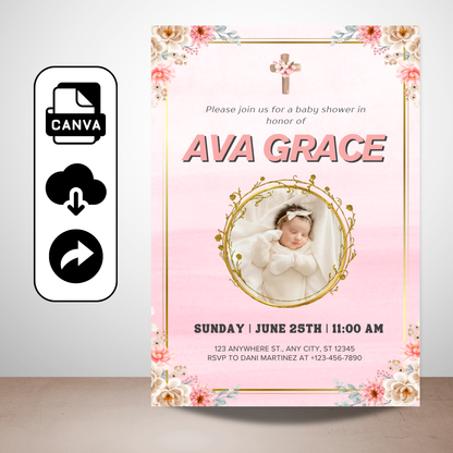 Editable Pink Baby Shower Digital Invitation Template
