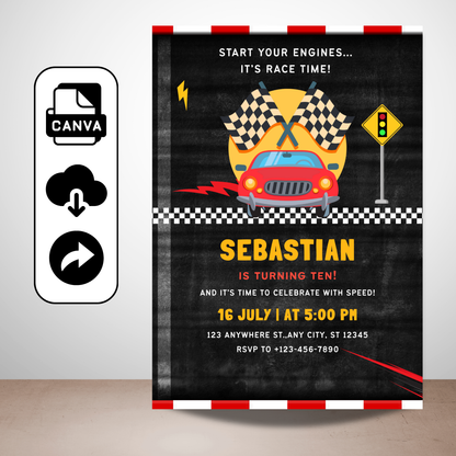 Racing Birthday Party Canva Template | Printable Race Car Invite for Kids