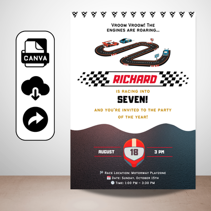 Race Car Birthday Invitation | Editable Kids Racing Party Canva Design
