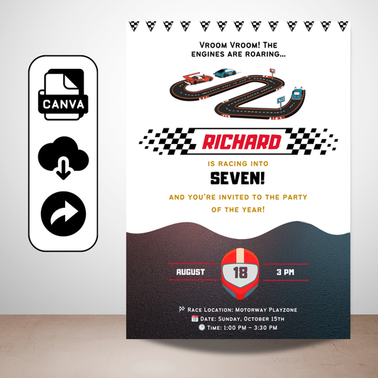 Race Car Birthday Invitation | Editable Kids Racing Party Canva Design
