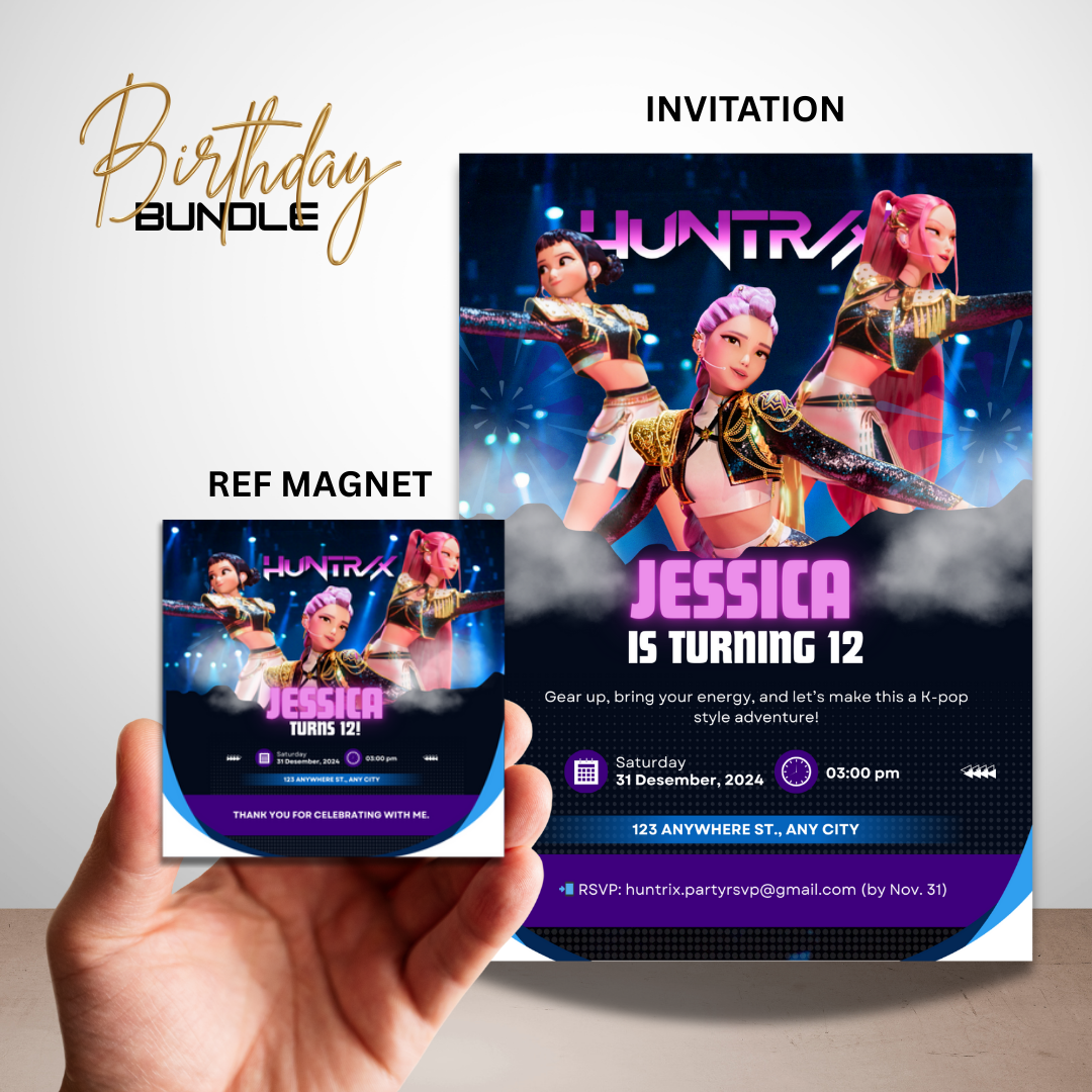 Kpop Demon Hunter–Inspired Dark Fantasy Birthday Invitation & Magnet Bundle