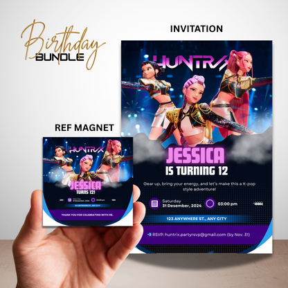 Kpop Demon Hunter–Inspired Dark Fantasy Birthday Invitation & Magnet Bundle