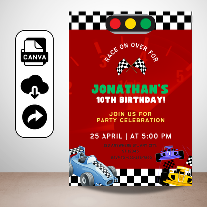 Car Racing Birthday Invitation Template | Editable Canva Race Party Invite
