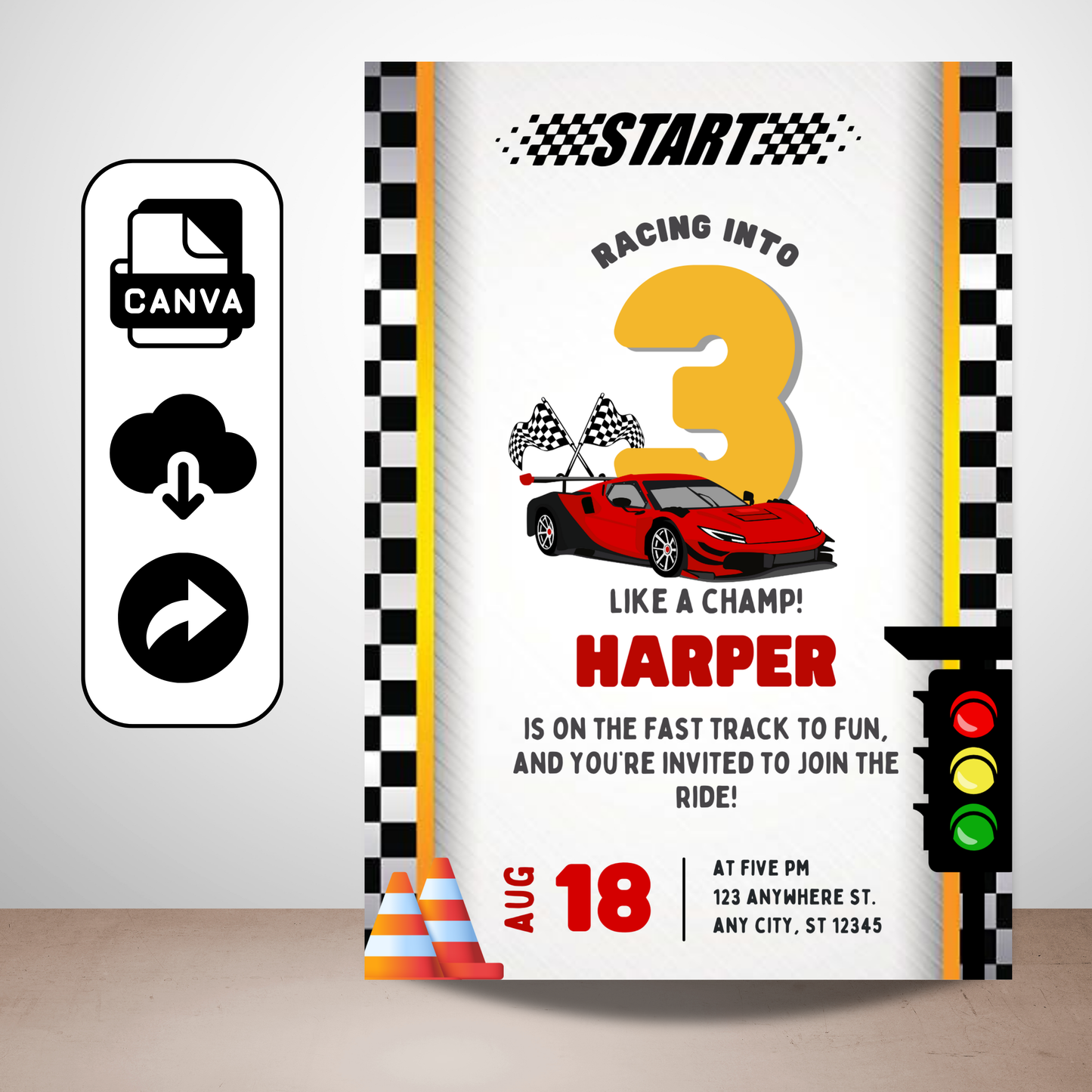 Racing Theme Birthday Canva Template | Customizable Race Car Party Invite