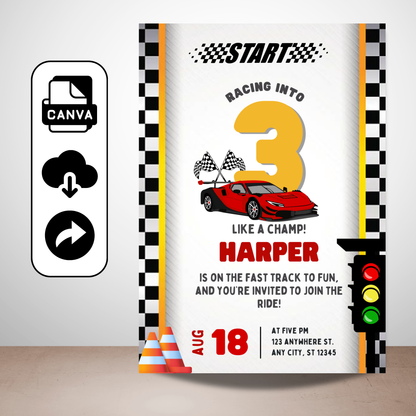 Racing Theme Birthday Canva Template | Customizable Race Car Party Invite
