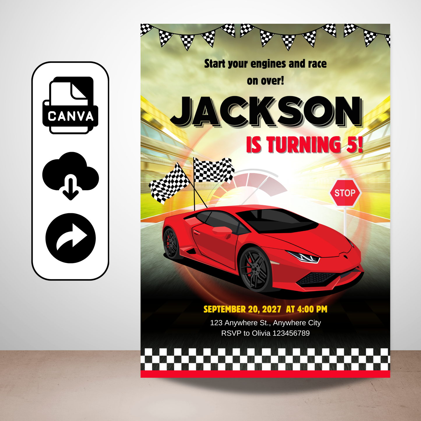 Editable Race Car Birthday Invitation | Boys Racing Party Canva Template