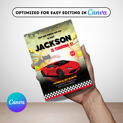 Editable Race Car Birthday Invitation | Boys Racing Party Canva Template