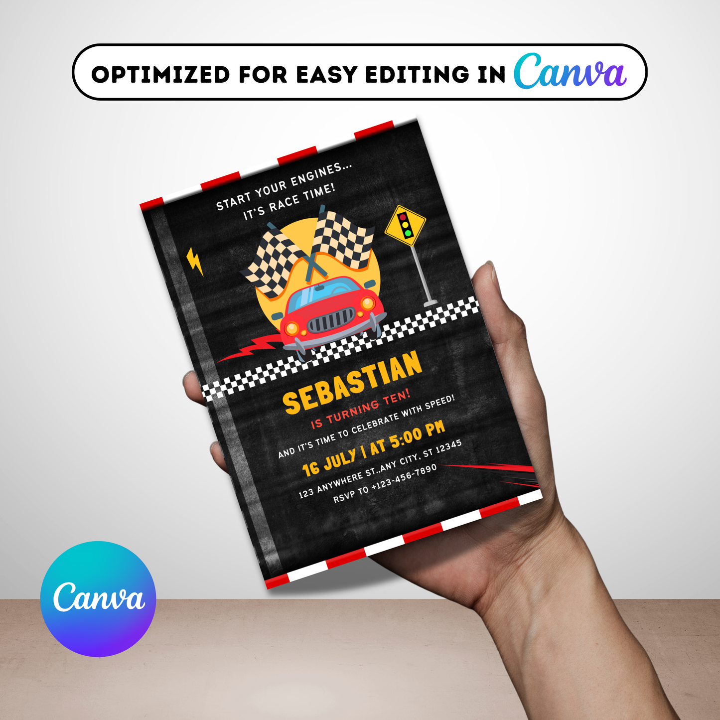 Racing Birthday Party Canva Template | Printable Race Car Invite for Kids