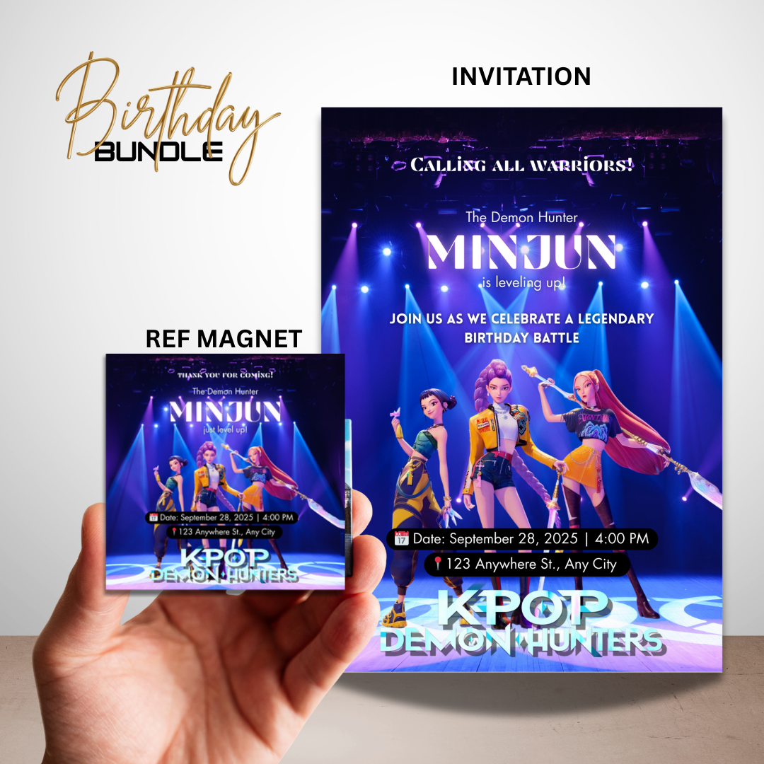 Kpop Demon Hunter–Inspired Dark Fantasy Birthday Invitation & Magnet Bundle