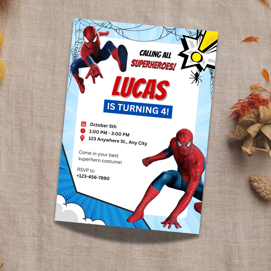 Superhero Web Birthday Invitation | Editable Template | Red and Blue Party Invite for Kids