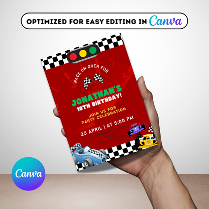 Car Racing Birthday Invitation Template | Editable Canva Race Party Invite
