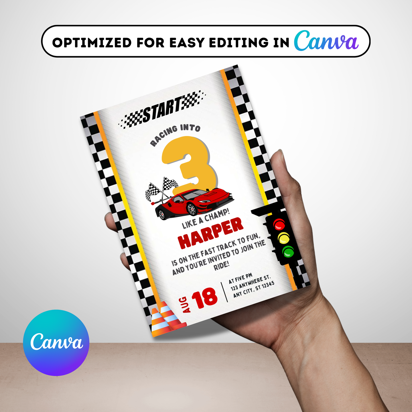 Racing Theme Birthday Canva Template | Customizable Race Car Party Invite