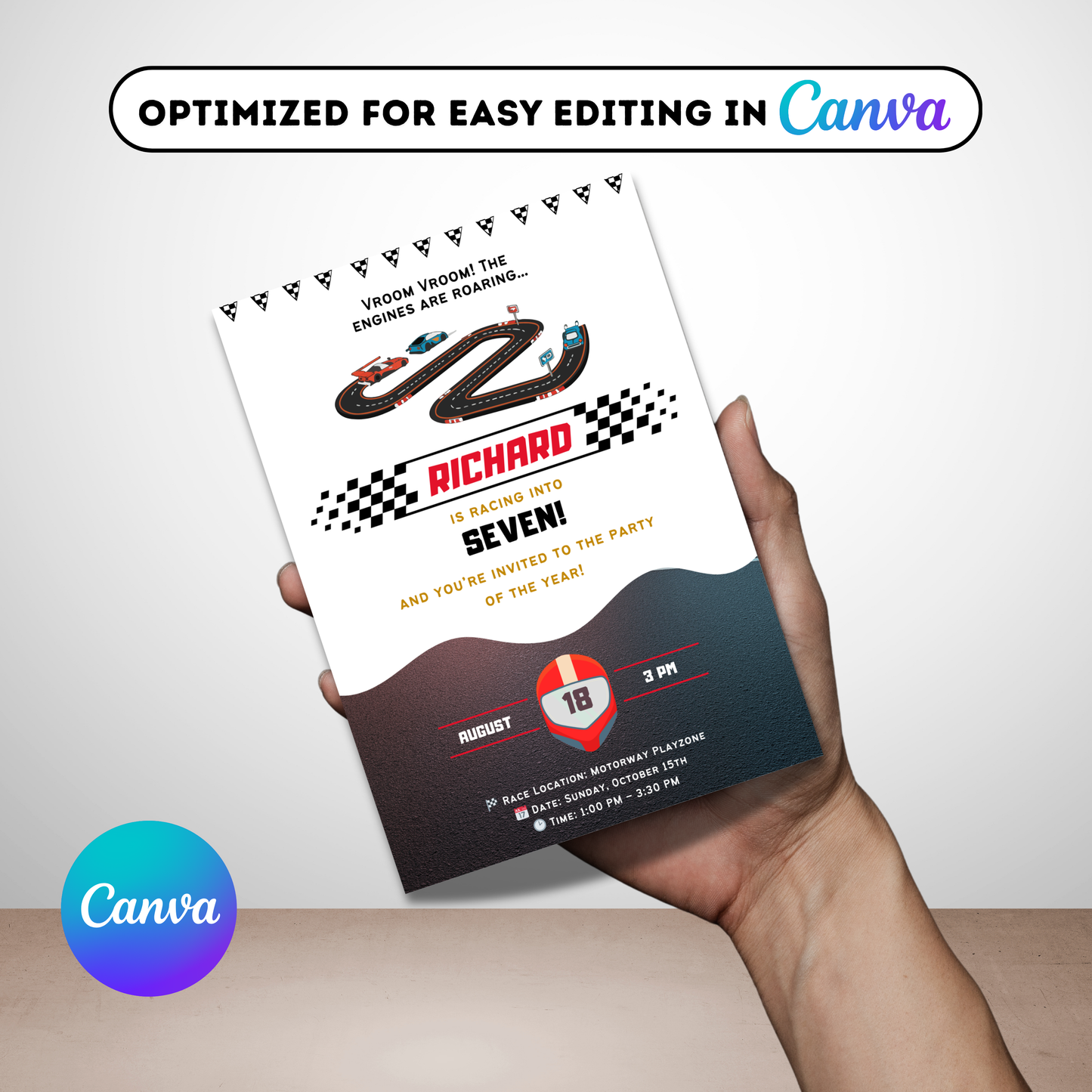 Race Car Birthday Invitation | Editable Kids Racing Party Canva Design