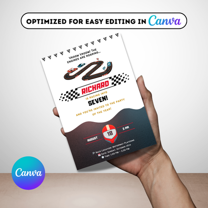 Race Car Birthday Invitation | Editable Kids Racing Party Canva Design