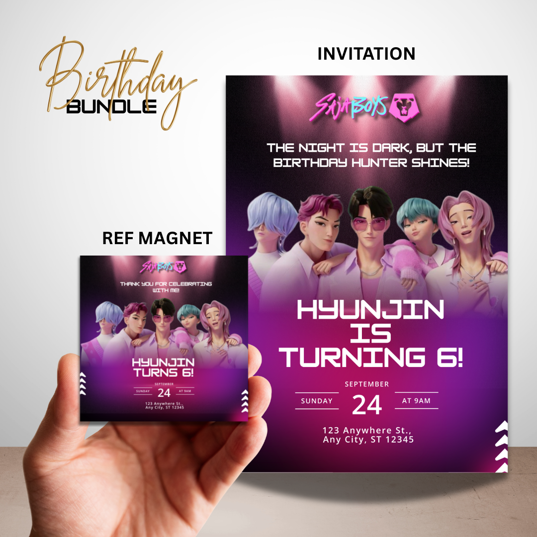 Kpop Demon Hunter–Inspired Dark Fantasy Birthday Invitation & Magnet Bundle