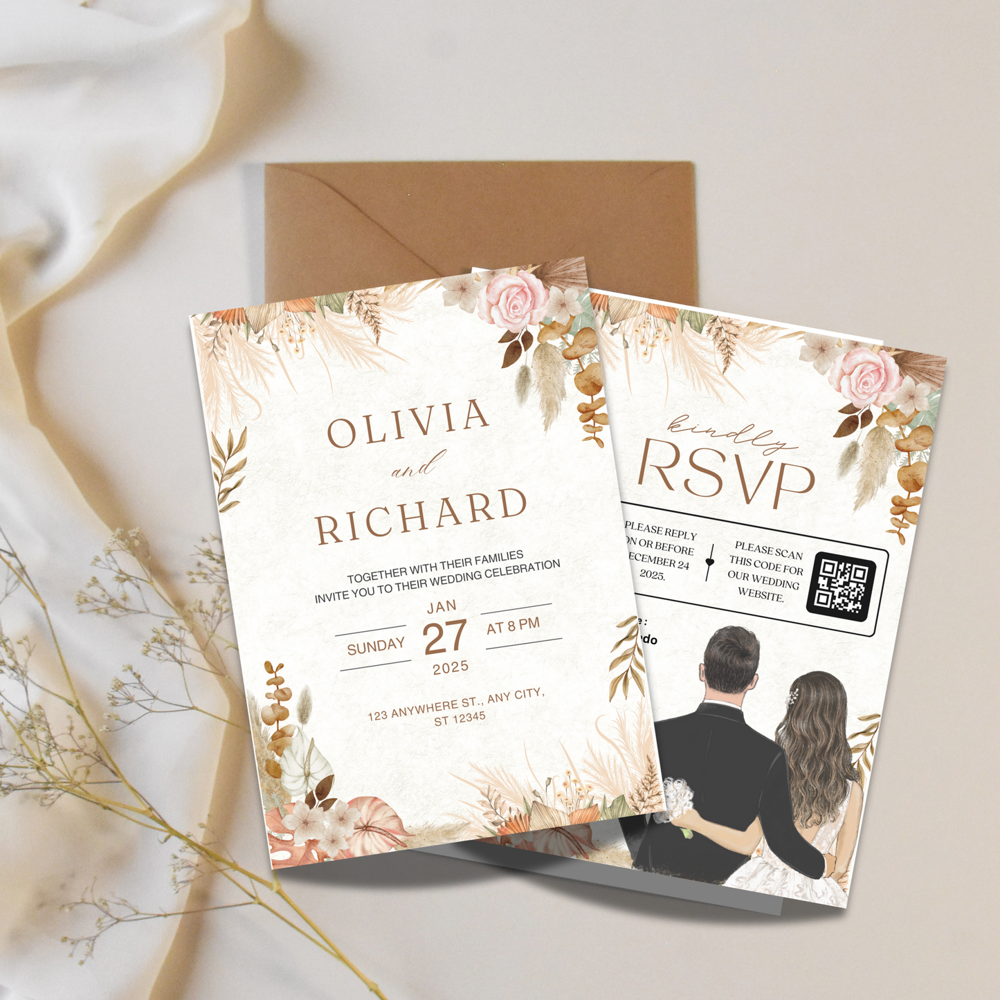 Boho Wedding Canva Template Bundle – Includes Video Invitation & Printables