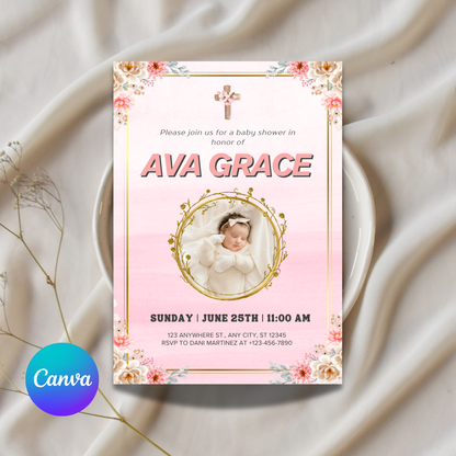 Editable Pink Baby Shower Digital Invitation Template