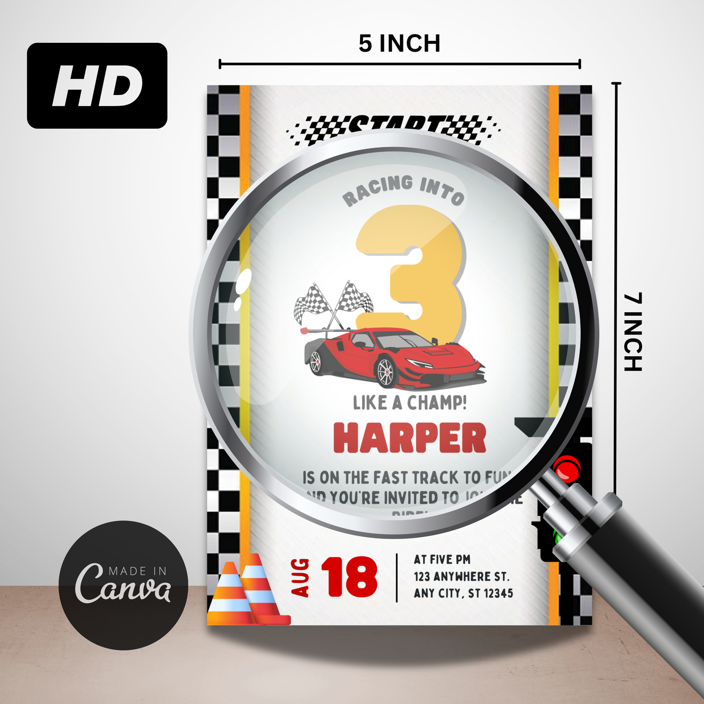 Racing Theme Birthday Canva Template | Customizable Race Car Party Invite