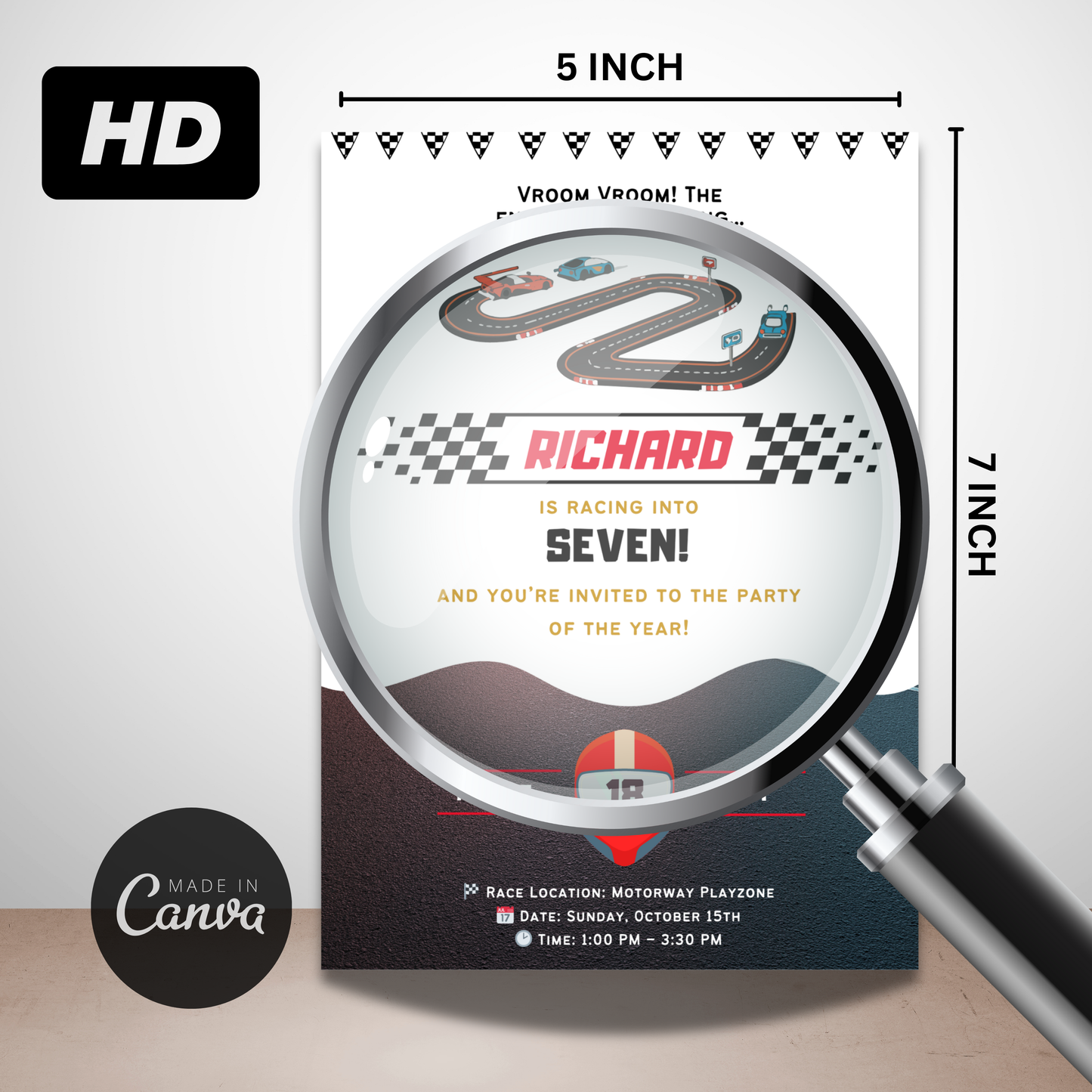 Race Car Birthday Invitation | Editable Kids Racing Party Canva Design