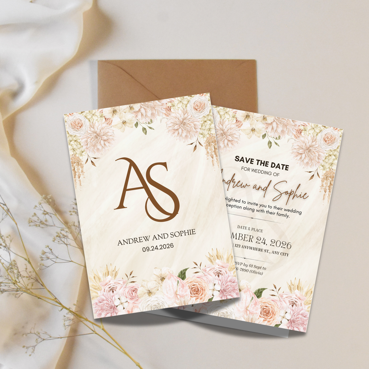 Boho Aesthetic Wedding Canva Bundle – Digital Invite Set with Video Invitation