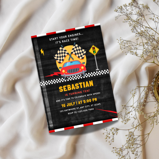 Racing Birthday Party Canva Template | Printable Race Car Invite for Kids
