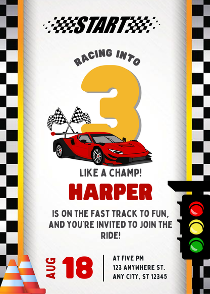 Racing Theme Birthday Canva Template | Customizable Race Car Party Invite