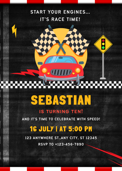 Racing Birthday Party Canva Template | Printable Race Car Invite for Kids