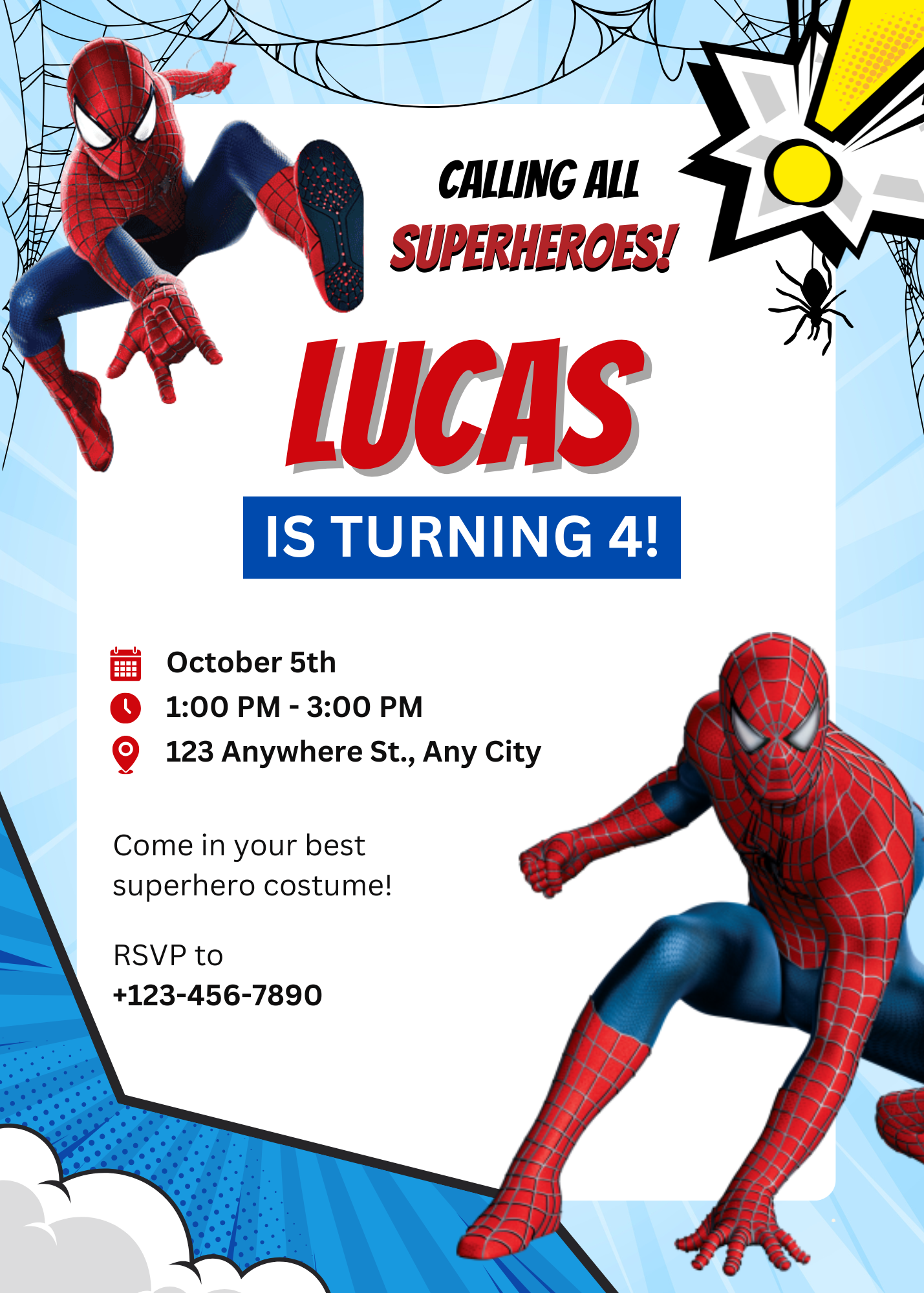 Superhero Web Birthday Invitation | Editable Template | Red and Blue Party Invite for Kids