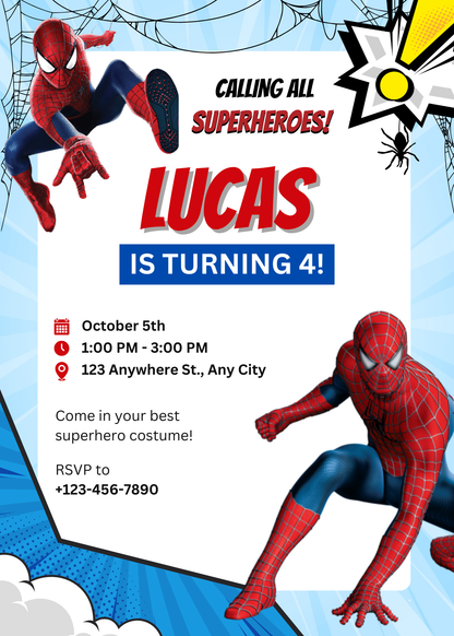 Superhero Web Birthday Invitation | Editable Template | Red and Blue Party Invite for Kids