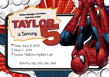 Spiderman-Inspired Invitation | Superhero Birthday Party Printable | Editable Canva Template