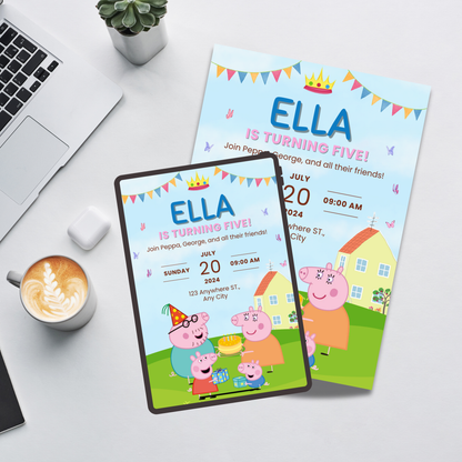 Sweet Pig Family Birthday Invitation | Editable Canva Design for Girls